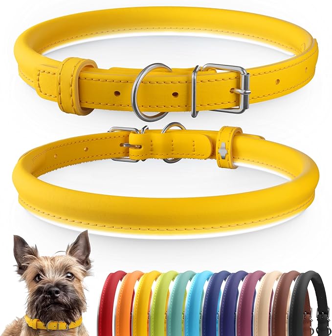 CollarDirect Rolled Leather Dog Collar, Soft Padded Round Puppy Collar, Handmade Genuine Leather Collar Dog Small Large Cat Collars 13 Colors (6-7 Inch, Yellow Smooth)