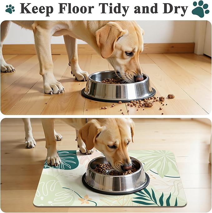 Topotdor Boho Dog Food Mat for Floors, Absorbent Quick-Dry Cat Pet Feeding Mat, Non-Slip Dog Bowl Mat for Food and Water, Pet Placemat for Dogs, Cats, Puppy Accessories, 12"x20", Green