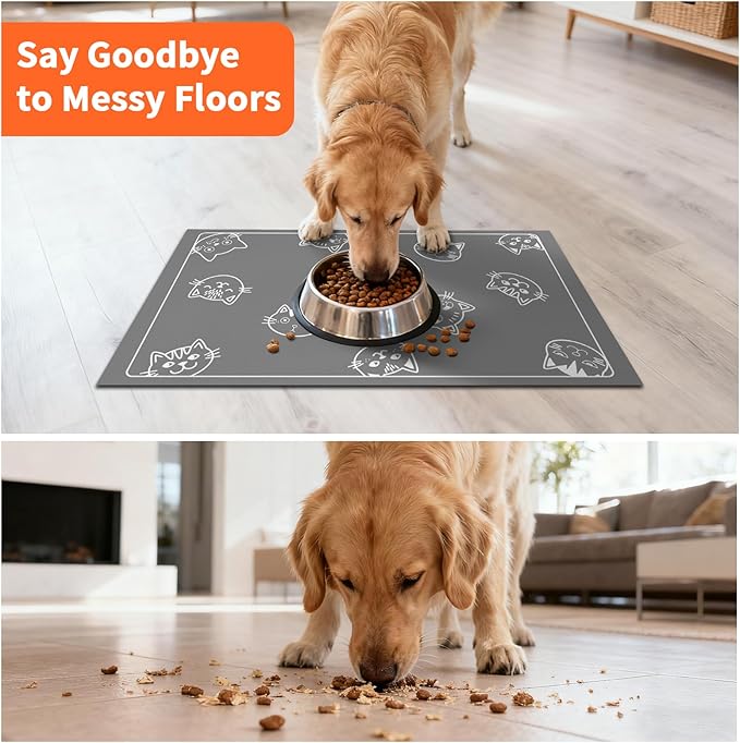 Cute Grey Cat Food Mat, Stain-Resistant Dog Cat Feeding Mat, Non-Slip Super Absorbent Pet Food Pad, Pet Bowl Mat for Food & Water Bowls, Cartoon Pattern Design, 12 x 20 Inch
