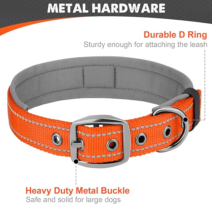 Joytale Dog Collar for Medium Dogs, Neoprene Padded and Adjustable, Reflective Wide Heavy Duty Pet Collars with Durable Metal Belt Buckle for Walking, Orange, M