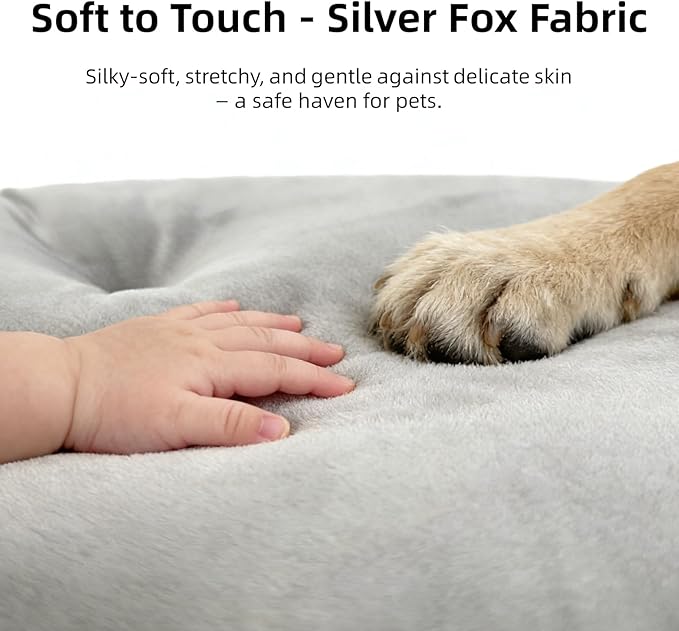 Washable Large Dog Bed for Medium & Large Breeds, Non-Slip Bottom & Plush Faux Silver Fox Fur Oval Cushion Pad for Big Dogs, Soft Mat for Crates, Light Grey, 41x27 Inch