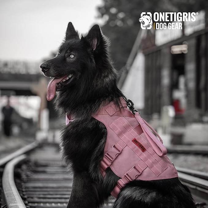 OneTigris Tactical Dog Harness for Small Dog, No Pull Small Dog Vest Harness with Handles Breathable Military Dogs Molle Vests for Walking Hiking Training (Pink, Medium)