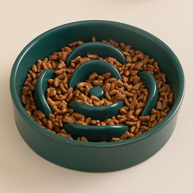 6'' Ceramic Slow Feeder Dog Bowls - Petal Shape Modern Dog Food Dish for Cats and Small Breed Dogs, Puzzle Maze Bowl to Slow Down Eating, Anti-Gulping, Dishwasher & Microwave Safe, Green