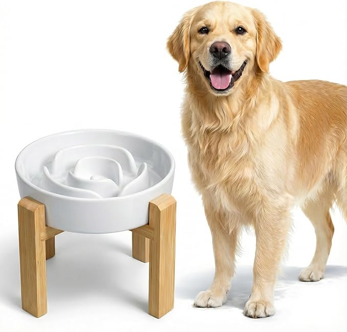 Elevated Slow Feeder Dog Bowl - Upgraded with Screwed Bamboo Stand - Ceramic Maze Dish for Fast Eaters - Raised Feeding Bowl for Medium and Large Dogs - White - 8.4 inch