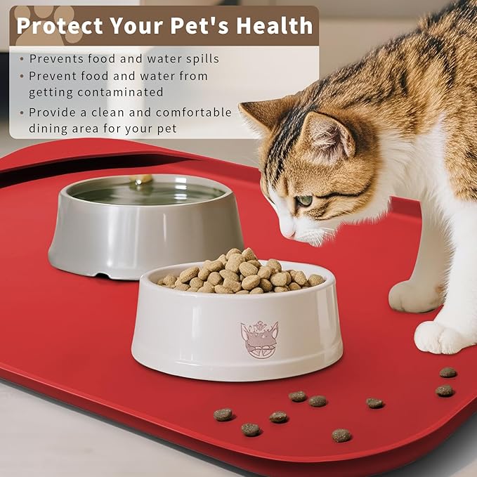 Silicone Pet Food Mat with Raised Edge for Food and Water Bowl, Dog Feeding Mats, Cat Food Trays for Floor Waterproof, Rubber Tray for Dogs and Cats, 17 x 12 x 0.7 Red
