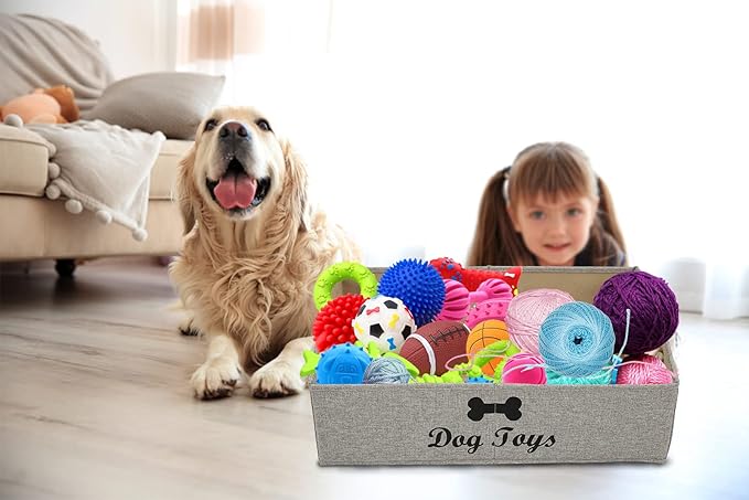 Geyecete Large Dog Toys Storage Bins - Foldable linen Trapezoid Organizer Boxes with weave Rope Handle, Collapsible Basket for Shelves (Light Brown-DOG)