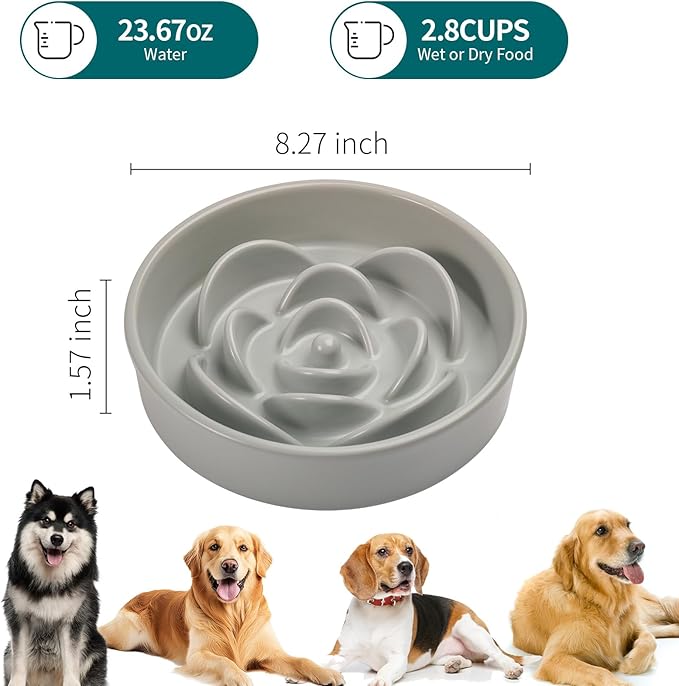 8.26 in Grey Dog Bowl Slow Feeder Ceramic for Medium and Large Breed,Pet Feeding Dog Food Water Dish Heavy Weighted,Puppy Bowl for Fast Eaters,Puzzle Slow Eating Dish Modern Maze