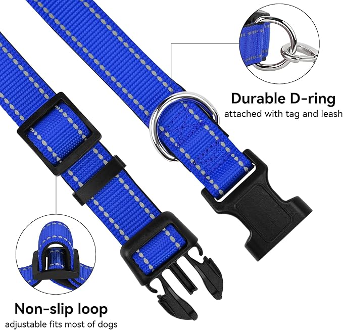 Soft Reflective Dog Collar for Extra Small Dogs, Lightweight Adjustable Puppy Collar with Neoprene Padding, Gentle Nylon for Chihuahua Yorkie,Navy Blue,XS