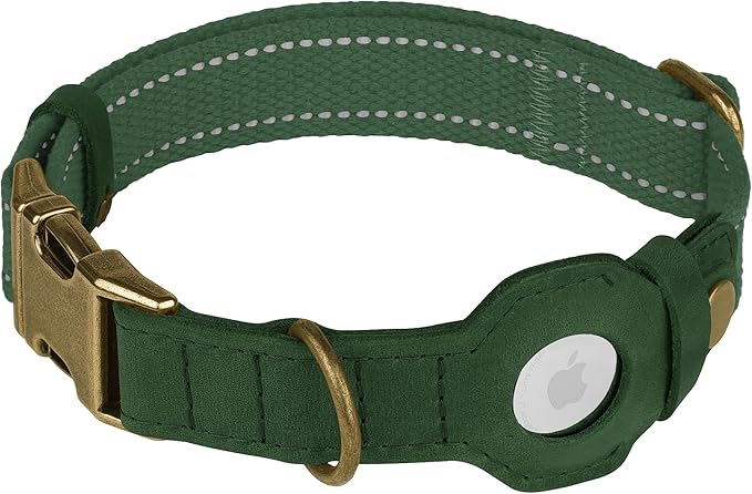 Reflective Leather Dog Collar with AirTag Holder - Soft Apple Airtag Dog Collar with Metal Buckle - Safety Cotton Pet Collars for Dogs Small Large Dogs Puppy (Hunter Green, M, 14"-18")