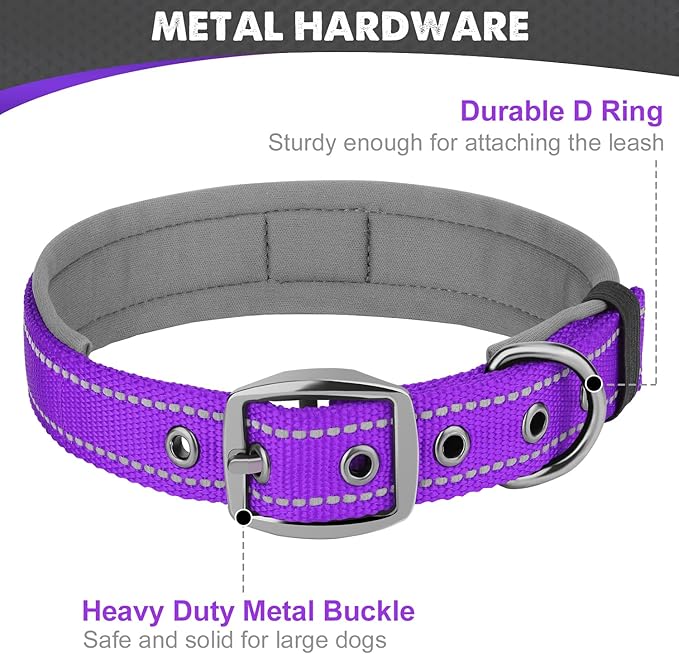 Joytale Dog Collar for Large Dogs, Neoprene Padded and Adjustable, Reflective Wide Heavy Duty Pet Collars with Durable Metal Belt Buckle for Walking, Purple, L