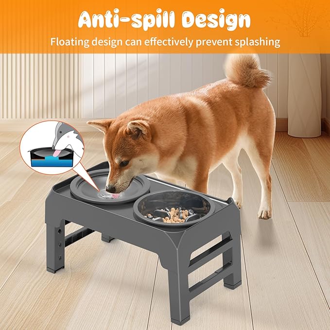 URPOWER 2-in-1 Elevated Dog Bowls Mess Proof Slow Feeder with No Spill Water Bowl 4 Height Adjustable Raised Dog Bowl Non-Slip Food and Water Bowls Set for Small Medium Large Dogs