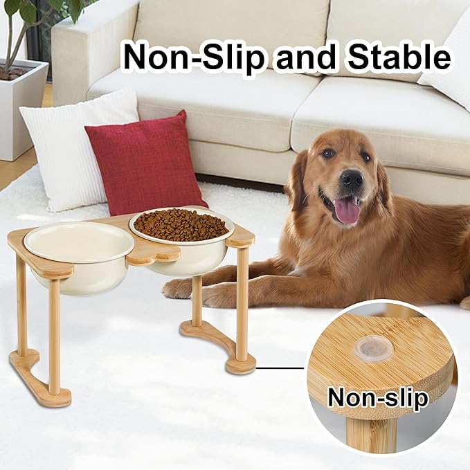 Ceramic Dog Bowls with Non-Skid Stand, Elevated Feeding Bowl for Medium Large Dogs,Raised Food and Water Dish Set, Dog Pet Feeder (11'' Tall-56OZ-Cream White)