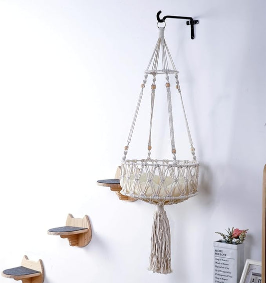 SHENGOCASE Macrame Boho Cat Hammock with 3 Steps and Hook, Wall Mounted Swing Bed, Hanging Cat Bed for Indoor Cats, Wall Furniture (13")