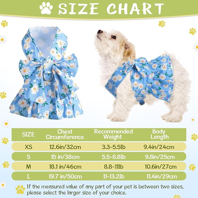Sanwuta 4 Pack Harness Dog Dress Bowknot Leash Set Floral Princess Dog Harness Dress Vest with Leash Pet Doggy Outfits for Outdoor Walking, 4 Colors(Medium)
