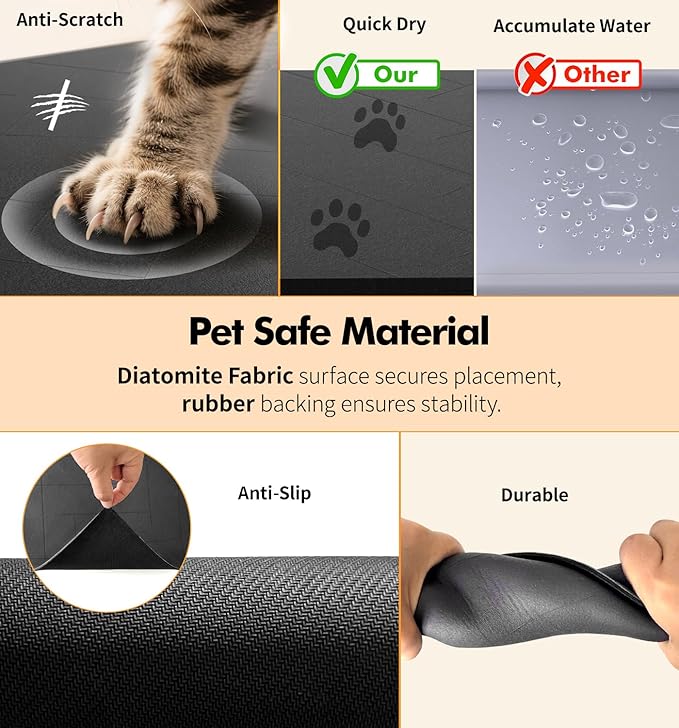 Pet Food Mat Absorbent Cat Food Mat Dog Mat for Food and Water Quick Dry No Stains Dog Feeding Mat Placemat for Messy Drinkers Cat Food Mats for Indoor Cats Bowl Mats Pet Supplies 17"X28" Grey