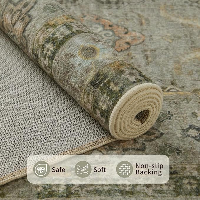 10x14 Area Rugs for Living Room Bedroom, Large Washable Rug, Vintage Floral Boho Rug, Non Slip & Low Pile Faux Wool Thin Carpet for Indoor Dining Room and Kids Room(Olive Brown 10x14ft)