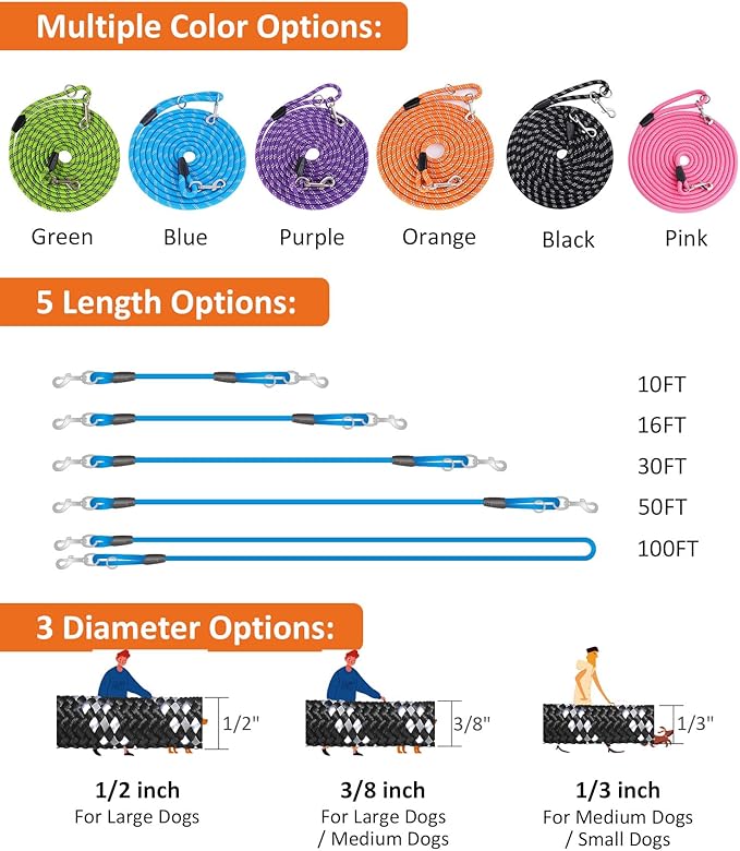 Long Dog Leash for Dog Training 20FT, Heavy Duty Dog Lead for Large Medium Small Dogs Outside Walking, Playing, Camping, or Yard,Orange