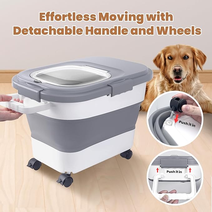 15-23 Lbs Airtight Dog Food Storage Container,Collapsible Dog Food Container with Lid,Wheels,Handle,Large Cat food storage Container with Scoop,Small Food Container for Dog Cat