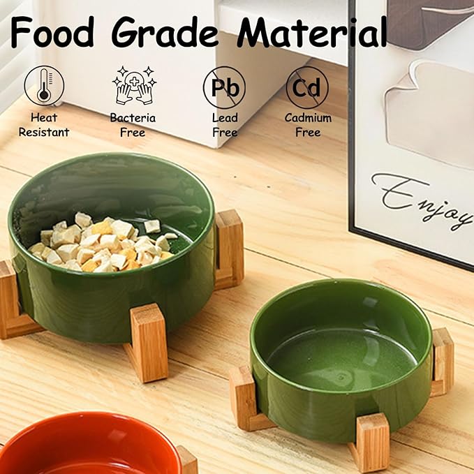 Petygooing Ceramic Dog Bowl Set with Stand, Cat & Dog Food and Water Bowls, Medium Size - Anti-Slip Set of 2 - 28 OZ /3.6 Cups - Rust Green