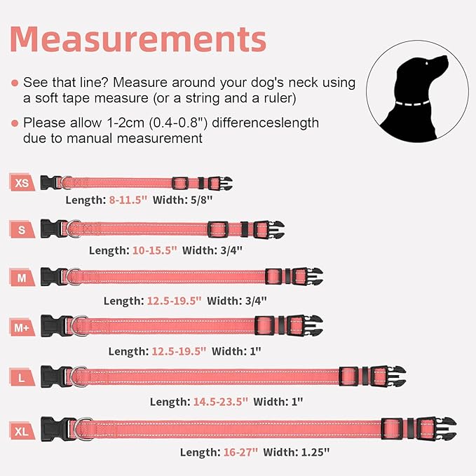Reflective Dog Collar for Small Dogs, Soft Neoprene Padded with Quick Release Buckle, Adjustable Nylon Pet Collar for Walking,Neon Pink,S