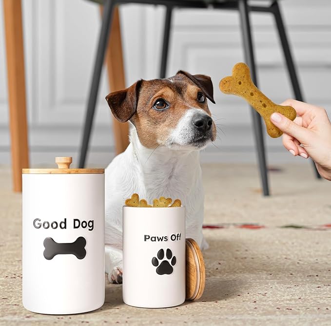 Dog Treat Container Airtight Set of 2 - 9x5 & 7x4 inch Ceramic Dog Treat Jars for Kitchen Counter with Airtight Lids - 11 Cup Capacity Pet Treat Container Set - Doggie Cookie Jar - Big Treats Canister