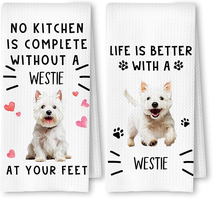 Westie Dog Kitchen Towels, West Highland Terrier Gifts Dish Tea Towels for Kitchen Decor, Dog Lover Mom Dad Gifts Decorative Hand Towel, 16x24 Inches Set of 2