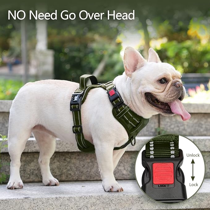 PoyPet No Pull Dog Harness, No Choke Reflective Dog Vest, Adjustable Pet Harnesses with Easy Control Padded Handle for Small Medium Large Dogs(Military Green,L)