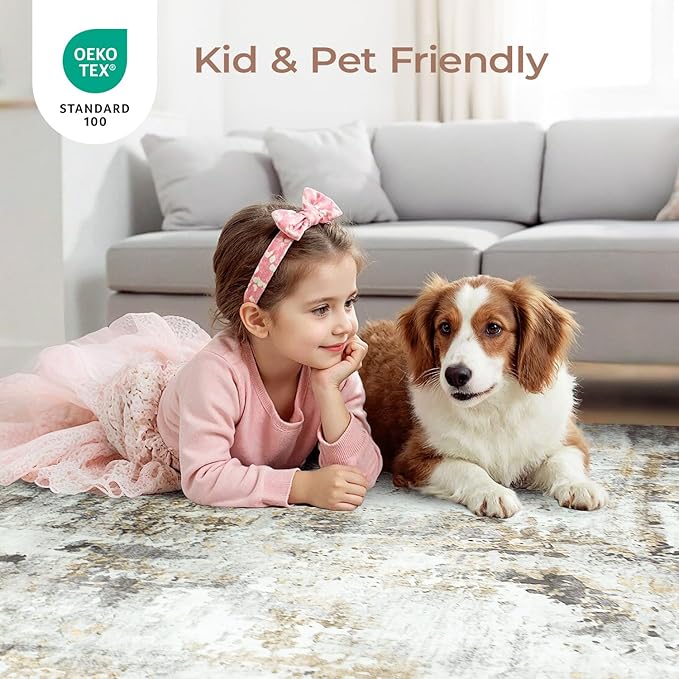 5x7 Area Rugs, Neutral Machine Washable Rugs for Living Room, Abstract Modern Soft Non-Slip Thin Print Floor Carpet for Bedroom Kids Room, Brown/Grey