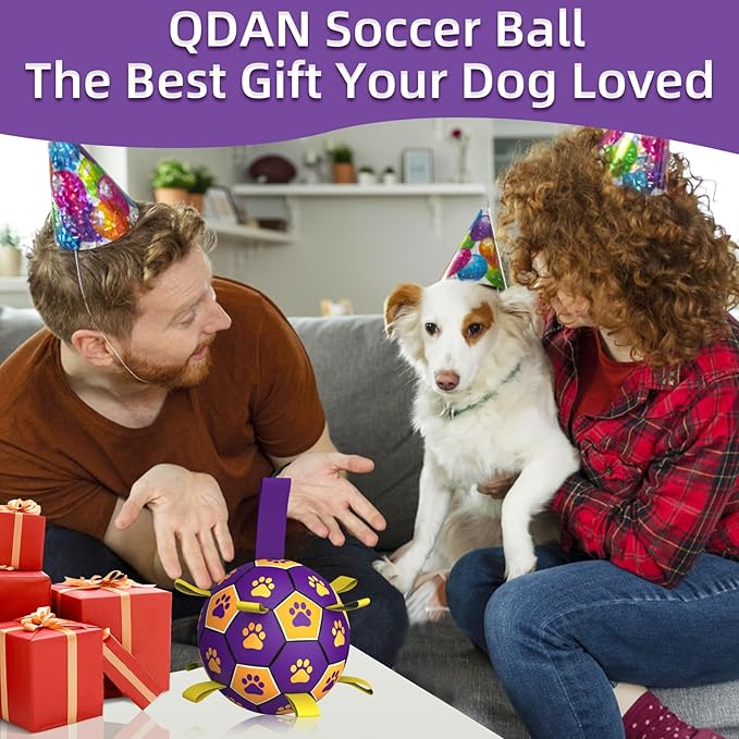 QDAN Dog Ropes Toys, Soccer Ball with Straps, Dogs Water Toy, Durable Dog Balls for Small Medium Breed（6 Inch）