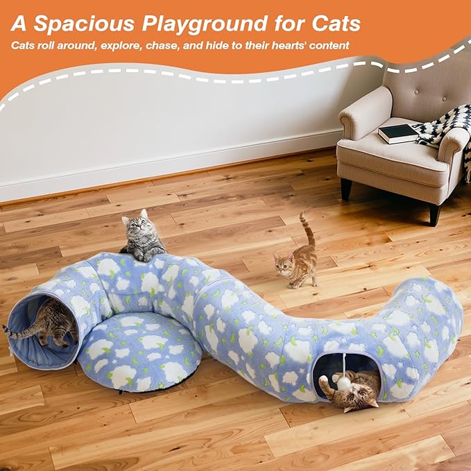 Cat Tunnels for Indoor Cats, 35'' Plush Cat Tunnel Bed with Playful Ball and Circle Cushion, Multifunctional Peekaboo Cat Cave, Interactive Toy Gift for Cats, Kittens, Rabbits, Blue&Cloud