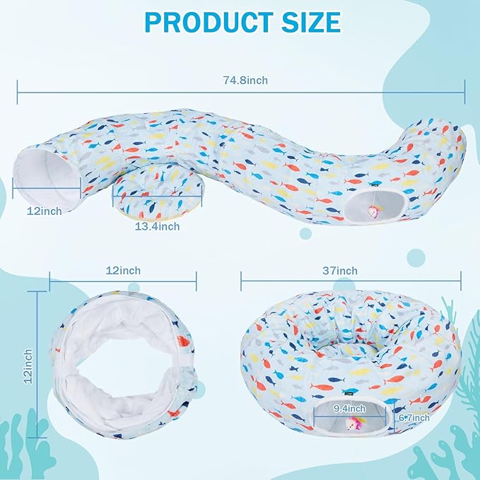 Ownpets Large Cat Tunnel Bed, Soft Plush Cat Donut Tunnel Bed with Washable Cushion, Peekaboo Cat Cave for Indoor Kitten, Puppy, Rabbit, Blue