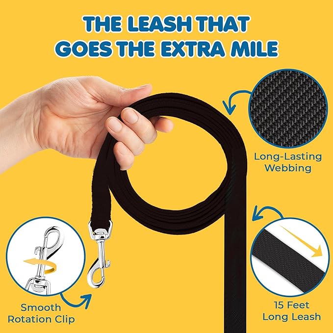 SunGrow Pet Training Leash, Heavy-Duty Polypropylene Walking Leash, 360-degree Swivel Hook, Dog/Puppy Obedience, Recall, Agility Lead, Leisure & Adventure Walking, Black, 6 feet x 0.8 inches