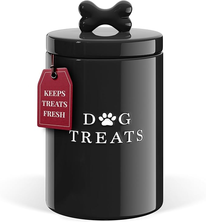 Barnyard Designs Large Dog Treat Container Airtight with Lid, Cute Rustic Ceramic Dog Treat Storage Jar for Kitchen Counter (Black)