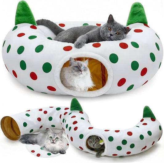 Cat Tunnel Christmas Tree Skirt, 3ft x 3ft x 9.8in Cat Tunnels for Indoor Cats, Red and Green Dot Cat Donut Tunnel with Hanging Ball and Cat Ears, Kitten Toys for Indoor Kittens Puppy Rabbit