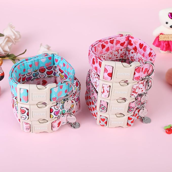 DOGWONG Valentine's Dog Collar, XL Pink Heart, Soft Cotton, Breakaway Closure, Small & Medium Dogs