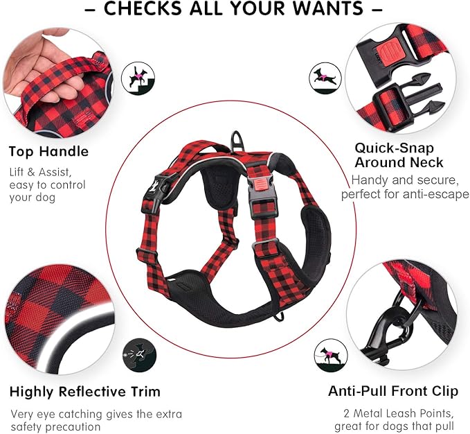 PoyPet No Pull Dog Harness, [Release at Neck] Reflective Adjustable No Choke Pet Vest with Front & Back 2 Leash Attachments, Soft Control Training Handle, Plaid(Checkered Red, S)