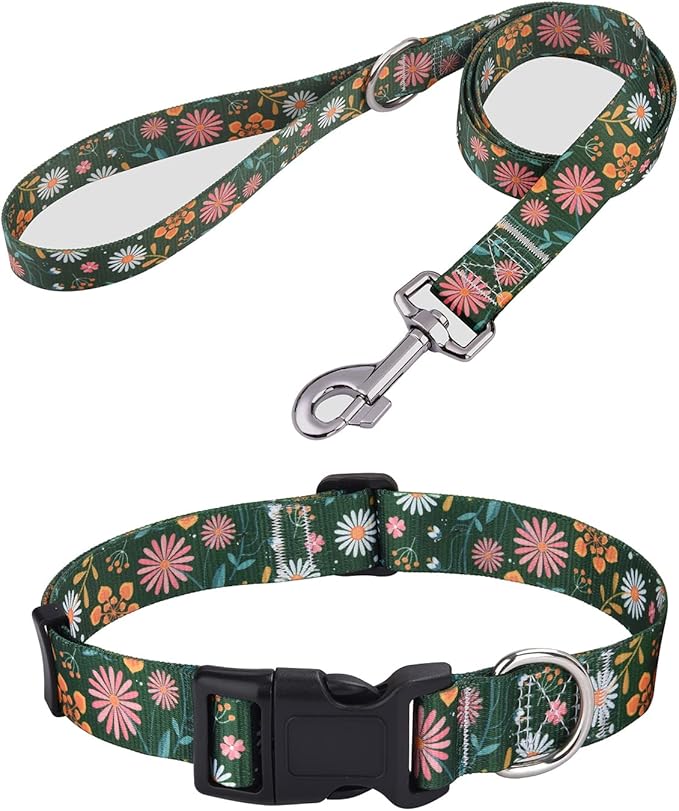 Dog Collar and Leash Set with Bohemia Floral Tribal Geometric Patterns - Soft Ethnic Style Collar Adjustable for Small Medium Large Dogs(Dark Green Flower Set,L)