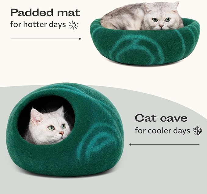 MEOWFIA Cat Cave – Premium Felt Cat Bed for Indoor Cats, Handmade Merino Wool (Emerald, Medium)