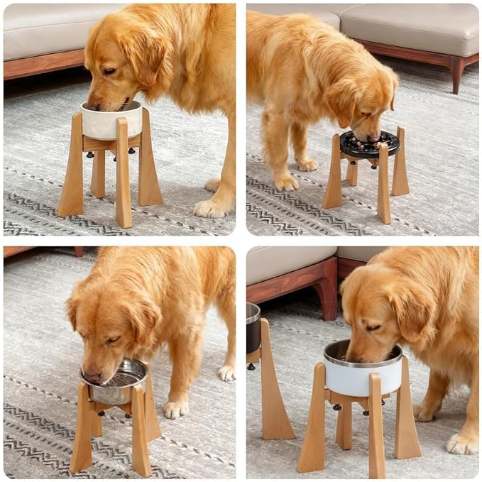 Beech Dog Bowl Stand for Medium Large Dogs,Elevated Dog Bowl Large Breed,Raised Bowl Stand，Adjustable Width for Different Bowls,Feeding Station with Non-Slip Feet (10-inch High)