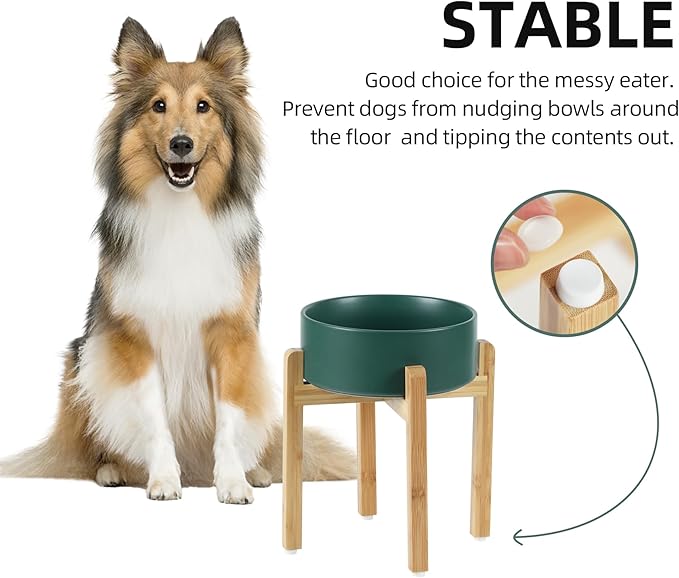 Ceramic Raised Dog Bowl Set, Elevated Dog Bowl with Stand, Food and Water Bowl for Large Breed Dogs, Weighted Pet Dishes(8.2'',60oz, Green)