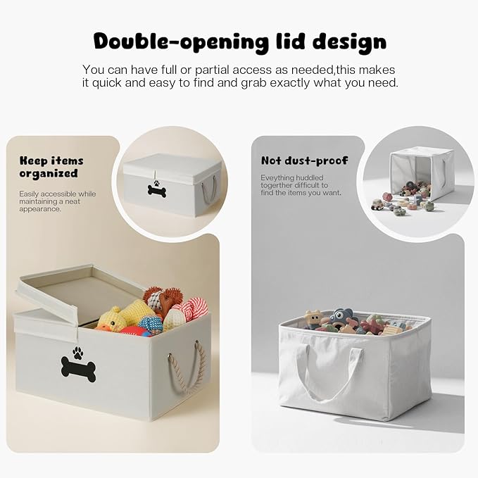 Dog Toy Basket with Double-Open Lid, Divided Dogs Basket for Toys, Collapsible Pet Toy Box, Dog Storage Organizer with 2 Divided Area, Puppy Toys Baskets with Rope Handles, Beige