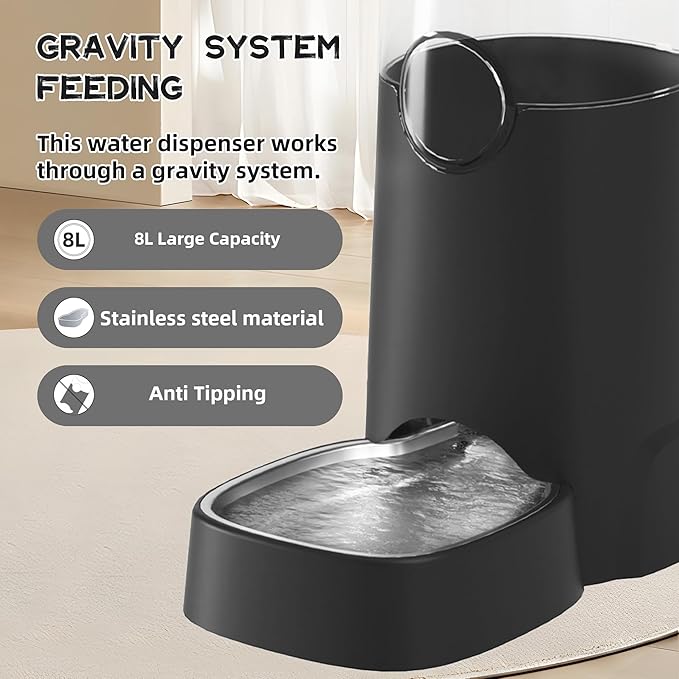 Automatic 8L Dog Water Dispenser with Stainless Steel Bowl Gravity Waterer,Gravity Water Dispenser,Automatic Gravity Dog Water Bowl Dispenser,Large Capacity for Small Medium Large Dogs Cats