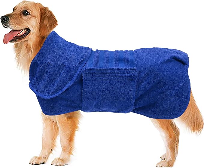 Geyecete Dog Drying Coat - Dog Bathrobe Towel - Microfibre Fast Drying Super Absorbent Pet Cat Bath Robe Towel, Luxuriously Soft Blue XL