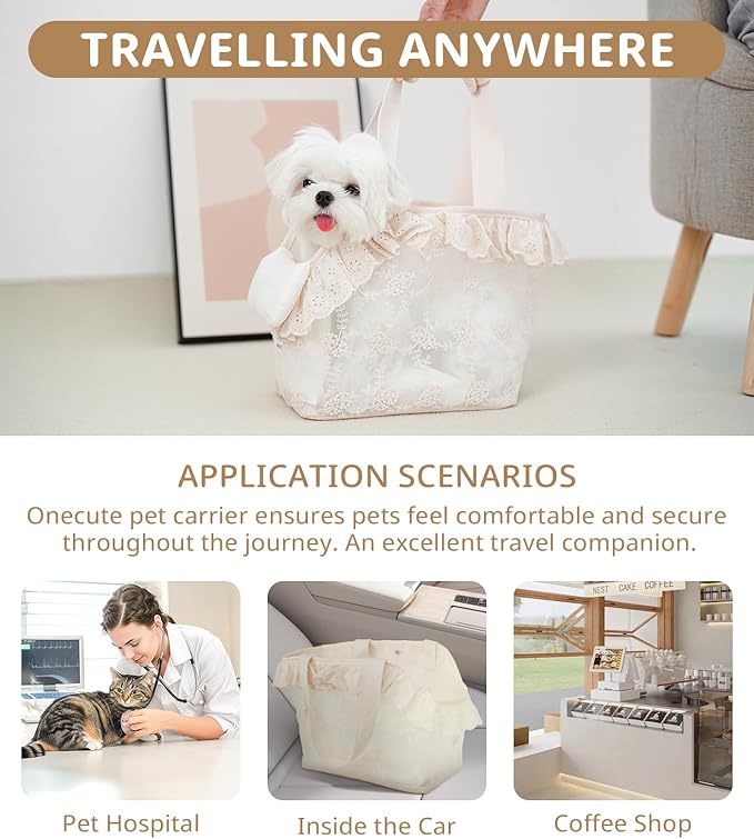 Dog Carrier for Small Dogs Rabbit cat with Lace Design, Cotton Bag, Dog Carrier Soft Sided, Collapsible Travel Puppy Carrier (Beige, 13" L x 6.7" W x 10.6" H)