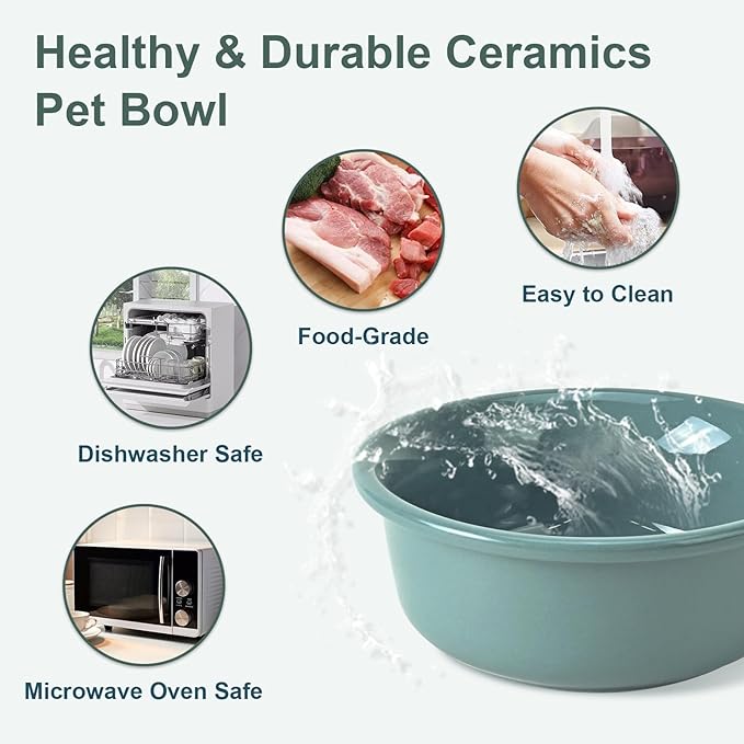 SPUNKYJUNKY Ceramic Elevated Tilted Dog Bowls Bone-Shaped Raised with 2 Height Iron Stand, 5.9'' Dog and Cat Food Water Bowls Set Non-Slip for Small Sized Breed - 13.5 OZ,Dark Green