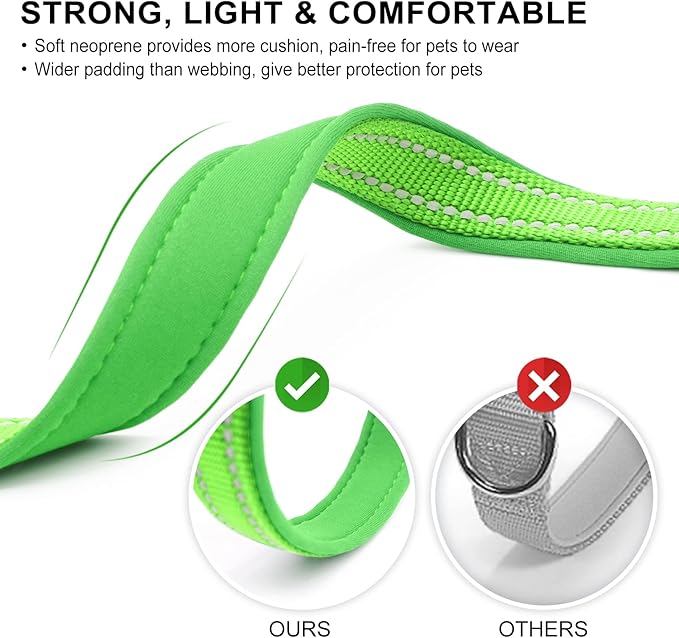 azuza Reflective Dog Collar, Soft Neoprene Padded Pet Collar with ID Tag Ring, Adjustable for Large Dogs,Green,L