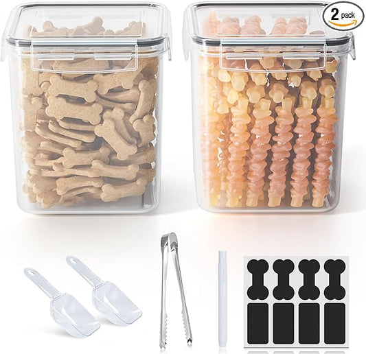 Dog Treat Storage Container Airtight for Countertop, Dog Treat Jar with Lid for Food Storage Organizer, 2 Pack Pet Food Holder for Kitchen with Scoops, Gift for Pet Owners