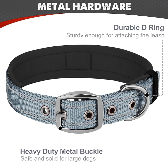 Joytale Dog Collar for Small Dogs, Neoprene Padded and Adjustable, Reflective Wide Heavy Duty Pet Collars with Durable Metal Belt Buckle for Walking, Gray, S