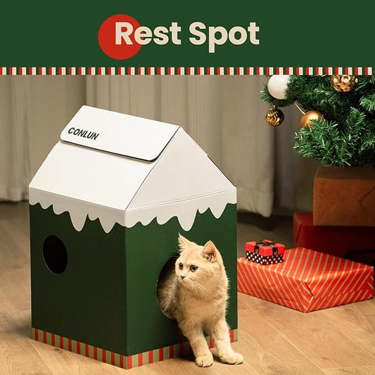 Cardboard Cat House with Scratch Pad & Catnip, Cat Play Scratching House for Indoor Hideaway Furniture, Heavy Duty Sturdy Cardboard Scratcher, Easy to Assemble Birthday Gift, Medium