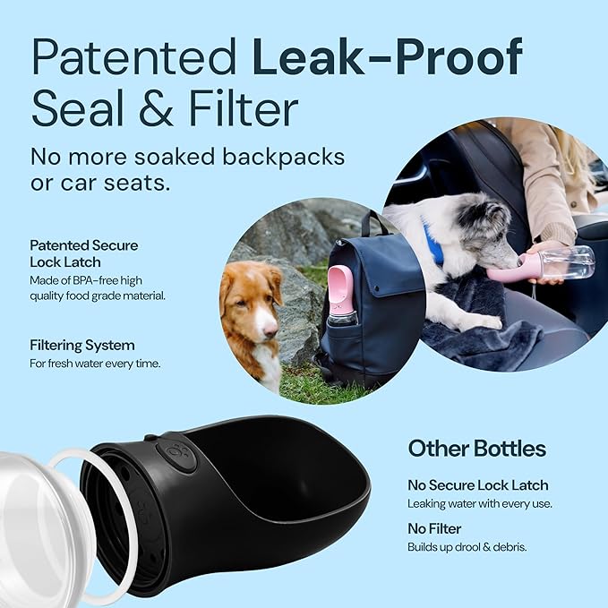 MalsiPree Dog Water Bottle Dispenser - 12 oz Black - Leak-Proof Lock & One-Hand Operation - On The Go Dog Water Dispenser - Pet Travel Bottle with Built-in Bowl, Travel & Hiking Ready